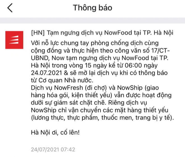 Grab và Now thông báo tạm dừng dịch vụ giao đồ ăn tại Hà Nội từ 6h ngày 24/7 - Ảnh 2.