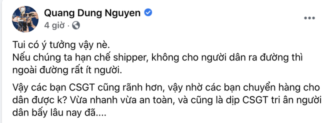 Đạo diễn Quang Dũng bị chỉ trích dữ dội vì đề xuất CSGT làm shipper mùa dịch, loạt sao Việt hưởng ứng cũng nhận “gạch đá” - Ảnh 1. Đạo diễn Quang Dũng bị chỉ trích dữ dội vì đề xuất CSGT làm shipper mùa dịch, loạt sao Việt hưởng ứng cũng nhận “gạch đá” - Ảnh 1.