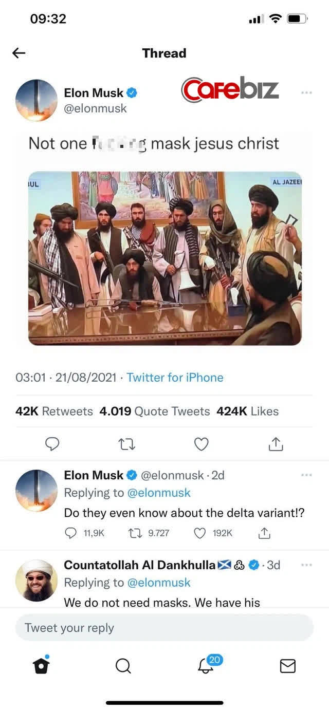Elon Musk gây bão mạng xã hội khi tweet chê Taliban không đeo khẩu trang - Ảnh 1.