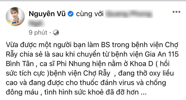 Nguyên Vũ tiết lộ thông tin mới nhất của Phi Nhung: Đang thở oxy liều cao, uống thuốc chống đông máu! - Ảnh 1.