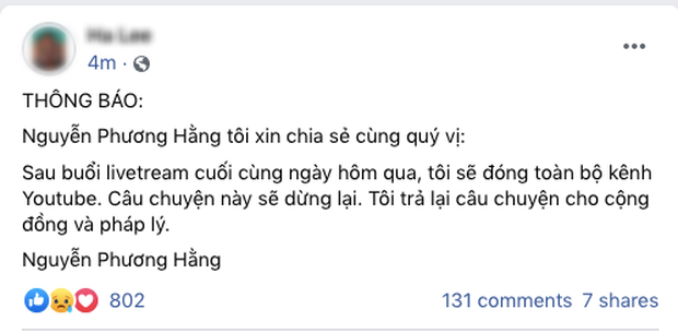  Bà Phương Hằng thông báo sẽ đóng toàn bộ kênh YouTube sau khi tuyên bố dừng lại trong buổi livestream cuối cùng - Ảnh 1.