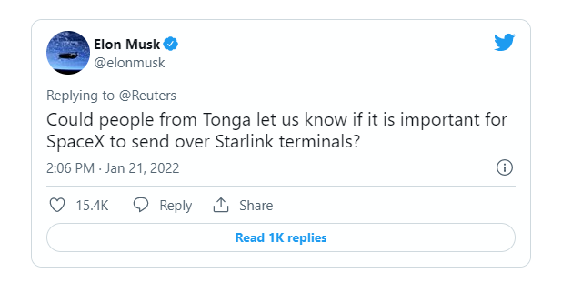 Đọc được bài báo nói về việc núi lửa phun trào hủy hoại Tonga, Elon Musk tweet luôn muốn gửi Starlink mang Internet đến đây - Ảnh 2.