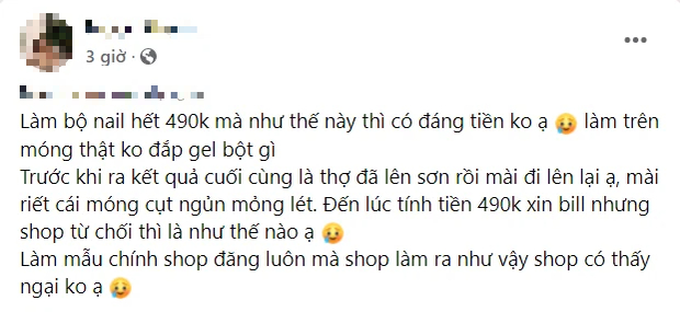 Tiệm nail của cựu hot girl Hà Nội khiến khách bức xúc: Chi nửa triệu nhận về bộ móng vừa quê vừa ẩu, xin bill nhưng shop quyết không đưa - Ảnh 1.