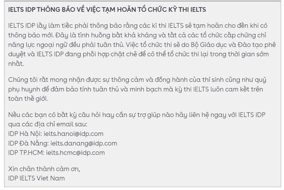 Sau Hội đồng Anh, IDP thông báo tạm hoãn kỳ thi IELTS - Ảnh 1.