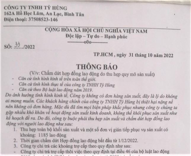 Một doanh nghiệp nước ngoài đột ngột chấm dứt hợp đồng gần 1.200 lao động ảnh 1