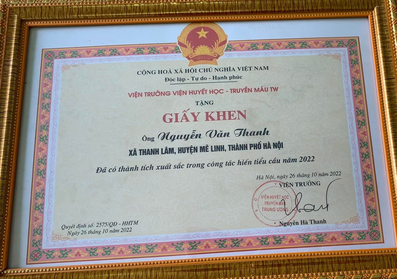 giấy khen hiến tiểu cầu