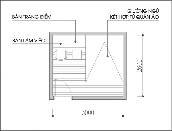 Bố trí nội thất phòng ngủ có diện tích 7,8m² cho vợ chồng trẻ - Ảnh 2.