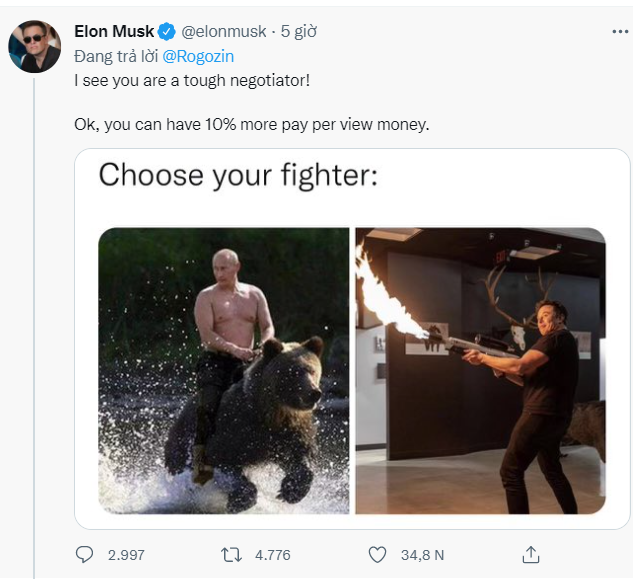  Sau lời thách đấu: Tỉ phú Elon Musk đăng ảnh TT Putin cưỡi gấu, bản thân cầm súng phun lửa - Ảnh 2.