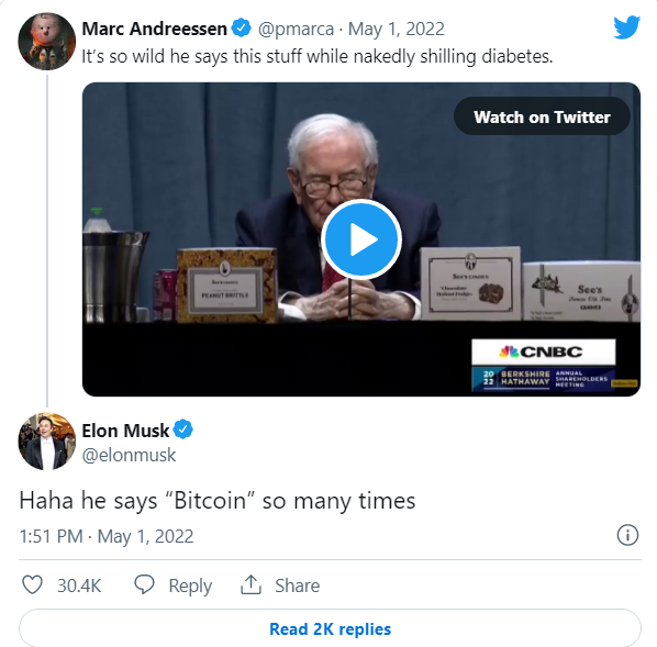 Elon Musk chưa từng ngán cà khịa một ai: tỷ phú Warren Buffett trở thành đối tượng tiếp theo vì miệng chê Bitcoin nhưng lại liên tục nói về đồng tiền số này - Ảnh 1.