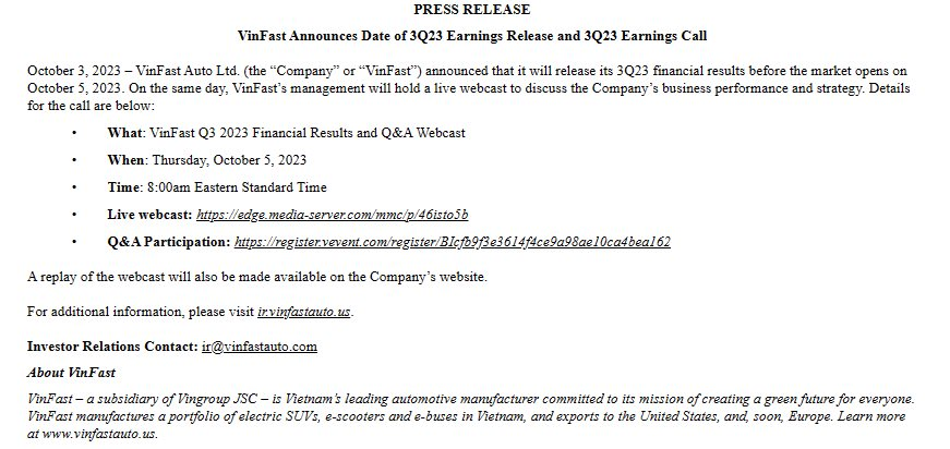 VinFast sẽ công bố kết quả kinh doanh quý 3/2023 trước giờ giao dịch ngày 5/10, livestream để trả lời các chất vấn của nhà đầu tư - Ảnh 2.