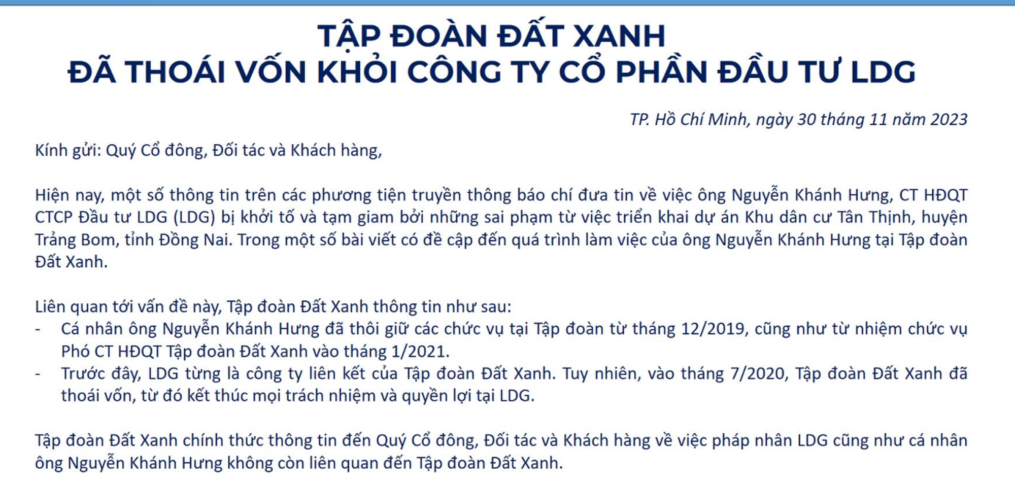 Tập đoàn Đất Xanh lên tiếng sau khi ông Nguyễn Khánh Hưng bị bắt giam - Ảnh 1.