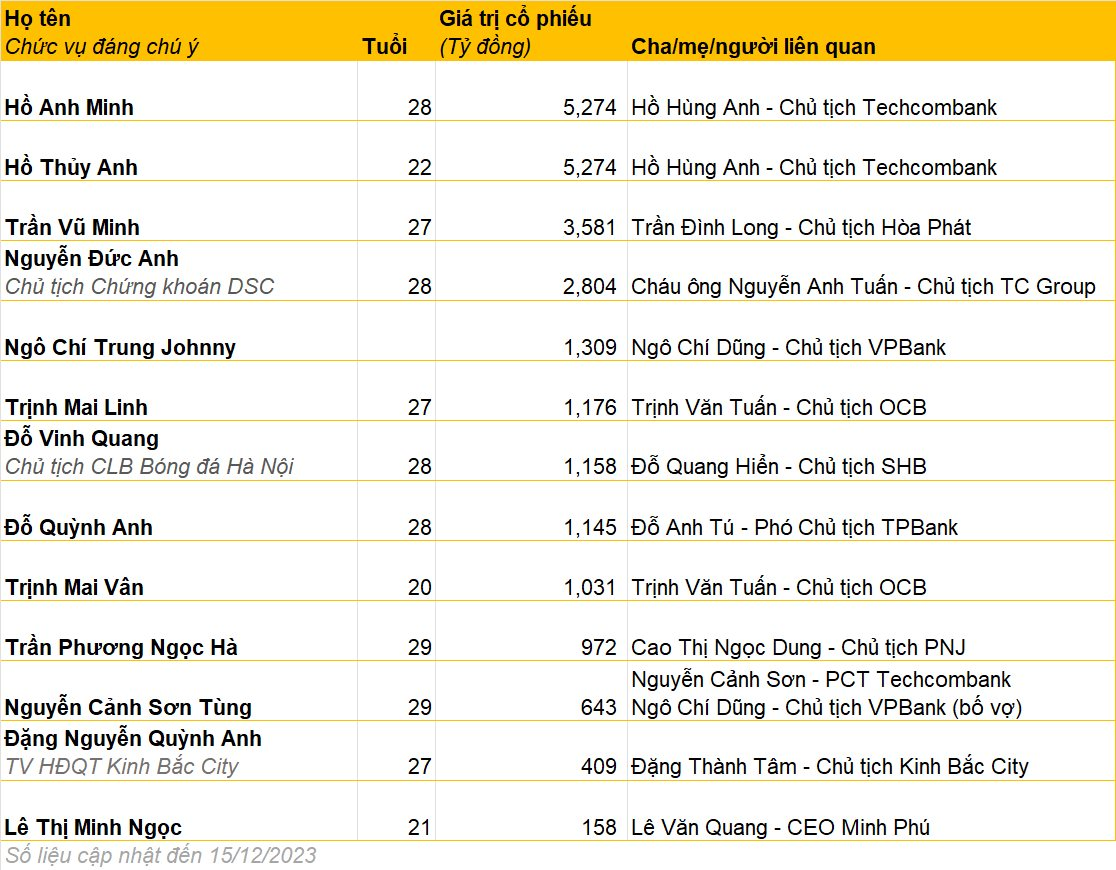 Con cháu Chủ tịch Techcombank, Hoà Phát, VPBank, Huyndai Thành Công...: Thế hệ người giàu mới trên sàn chứng khoán, hơn 20 tuổi sở hữu khối tài sản cả nghìn tỷ đồng - Ảnh 2.