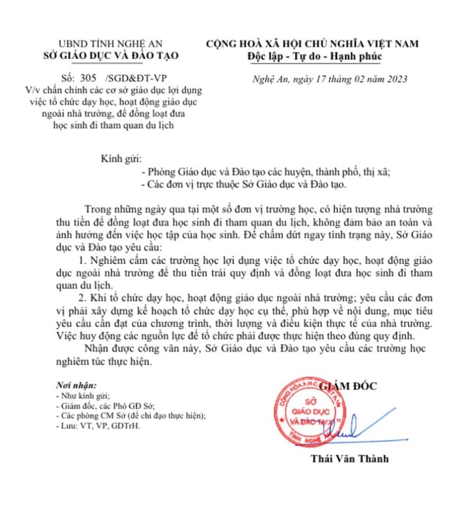 Xôn xao việc tổ chức ngoại khóa cho học sinh, Sở GD&ĐT Nghệ An ra công văn khẩn - Ảnh 4. Xôn xao việc tổ chức ngoại khóa cho học sinh, Sở GD&ĐT Nghệ An ra công văn khẩn - Ảnh 4.