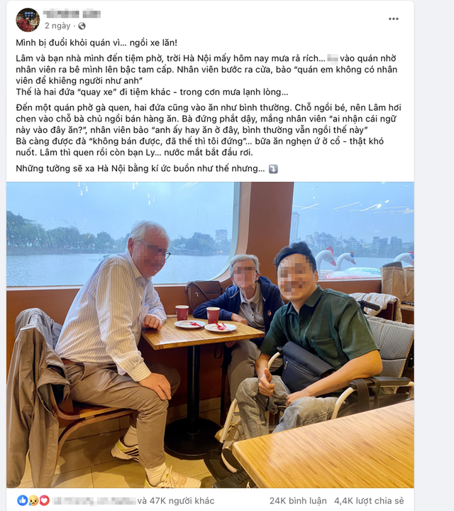 Chủ quán phở Hà Nội lên tiếng vụ đuổi người khuyết tật: "Nhân viên bê xe vào tận bàn chứ có đuổi đâu" - Ảnh 1. Chủ quán phở Hà Nội lên tiếng vụ đuổi người khuyết tật: "Nhân viên bê xe vào tận bàn chứ có đuổi đâu" - Ảnh 1.