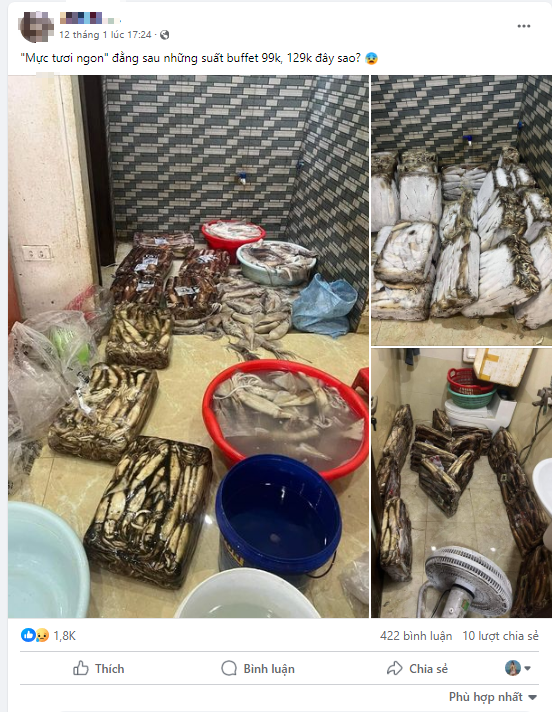 Hình ảnh mực đóng thành tảng đen xì, bày la liệt dưới sàn nhà khiến cư dân mạng hốt hoảng: "Đằng sau những suất buffet 99k, 129k đây sao?" - Ảnh 1.