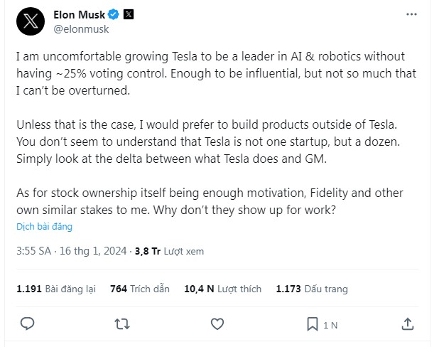 Bi hài Elon Musk ‘ăn vạ’ cổ đông Tesla: Bị chỉ trích quá nhiều, sợ mất quyền lực sau cú ‘xảy chân’ Twitter và để BYD vượt mặt, đe dọa đòi tăng quyền bỏ phiếu hoặc làm xe điện ở công ty khác - Ảnh 2.