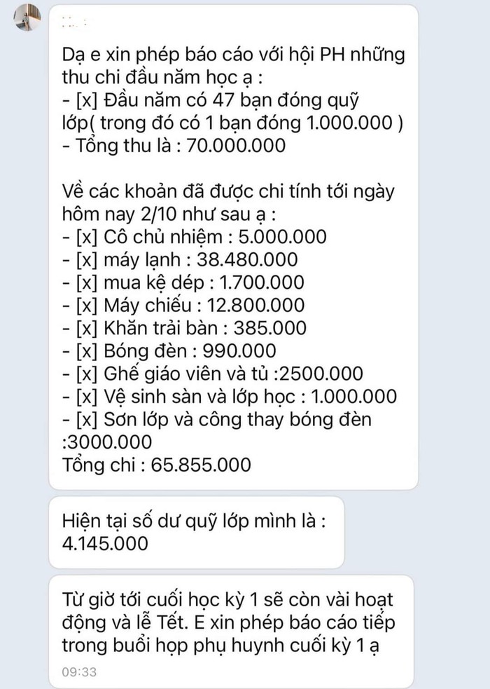 Thực hư một lớp ở TP.HCM thu quỹ 70 triệu đồng, sau 1 tháng chi hết gần 66 triệu đồng, Hiệu trưởng nói gì?- Ảnh 1.