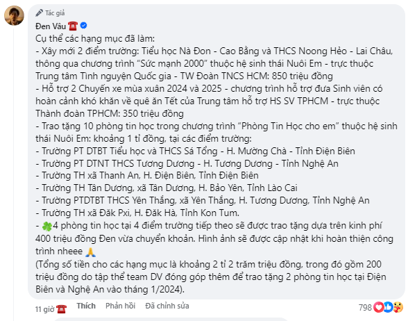 Đen Vâu công bố doanh thu đợt mới bài hát Nấu Ăn Cho Em, tổng số đạt gần 2 tỷ đồng, gần hoàn thành mục tiêu "10 phòng tin học cho em"- Ảnh 3.