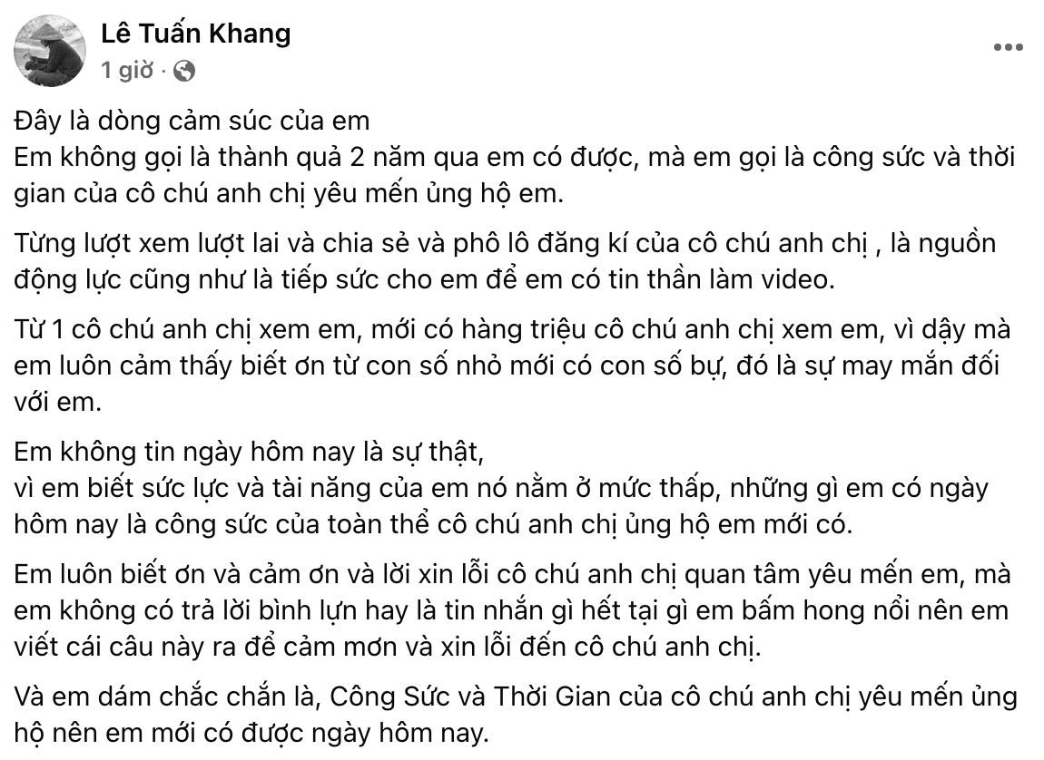 Nửa đêm, Lê Tuấn Khang đăng tâm thư sai chính tả, câu cú lủng củng nhưng ai cũng phải thốt lên 1 điều- Ảnh 1.