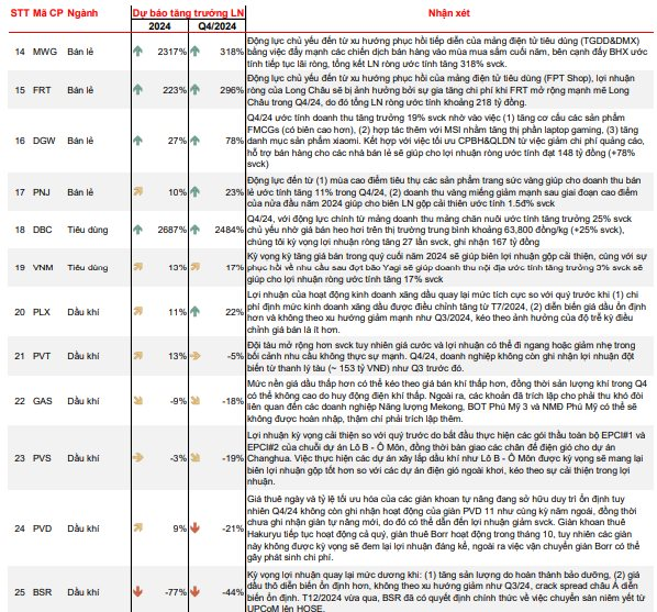 Dự báo lợi nhuận Q4/2024 của 54 DN: Công ty 'nhà' ông Phạm Nhật Vượng tăng hơn 1.700%, Thế giới di động, Vietjet, FPT Retail tăng 300-600%- Ảnh 4.