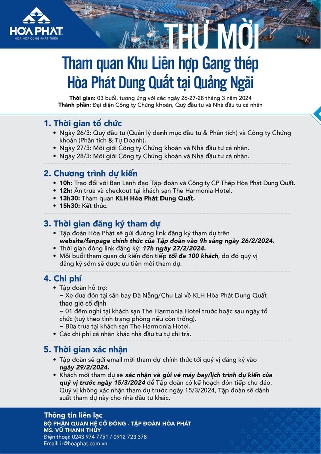 Vừa mời cổ đông đi họp tại khách sạn 5 sao, Hòa Phát của ông Trần Đình Long tiếp tục "chơi lớn", bao trọn chi phí cho nhà đầu tư tham quan Dung Quất - Ảnh 1.