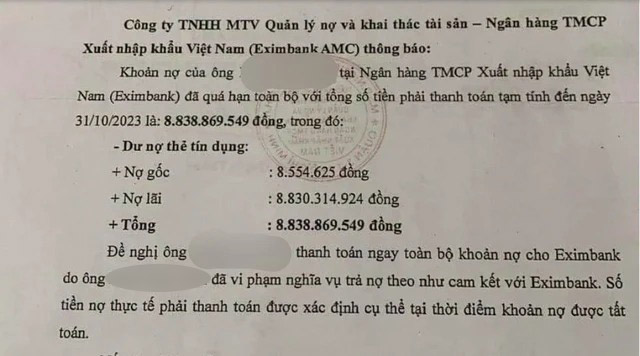 Vụ nợ thẻ tín dụng 8,5 triệu 11 năm bị đòi 8,8 tỷ: Ngân hàng nói đã thỏa thuận cách tính lãi với khách- Ảnh 1.