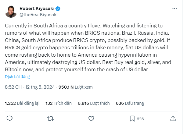 Tác giả ‘Cha giàu, cha nghèo’ cảnh báo: Hãy mua vàng, Bitcoin hay bất cứ thứ gì không in thêm được!