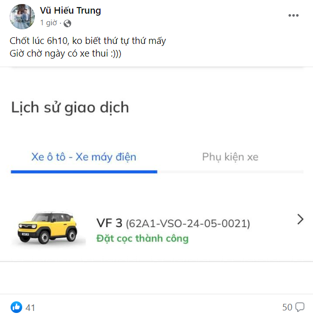 Dân mạng đua nhau khoe hóa đơn đặt cọc xe điện VF3- Ảnh 2. Dân mạng đua nhau khoe hóa đơn đặt cọc xe điện VF3- Ảnh 2.
