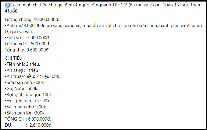 Mẹ 2 con ở TP.HCM chi tiêu cho 4 người chỉ mất 7 triệu/tháng, từng khoản phân bổ đều quá hợp lý!- Ảnh 1.