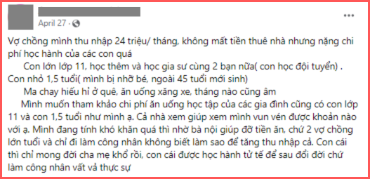 Lên mạng than nghèo nhưng chẳng ai thương: Chi 18 triệu cho con đi học không tiếc, tiếc 3 triệu tiền ăn gửi mẹ chồng- Ảnh 1.