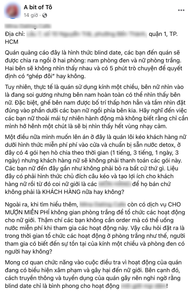 Dịch vụ cà phê hẹn hò ở TP.HCM nghi dùng gương 1 chiều gây nguy hiểm cho phái nữ: Cập nhật mới nhất tình hình hiện tại- Ảnh 1.