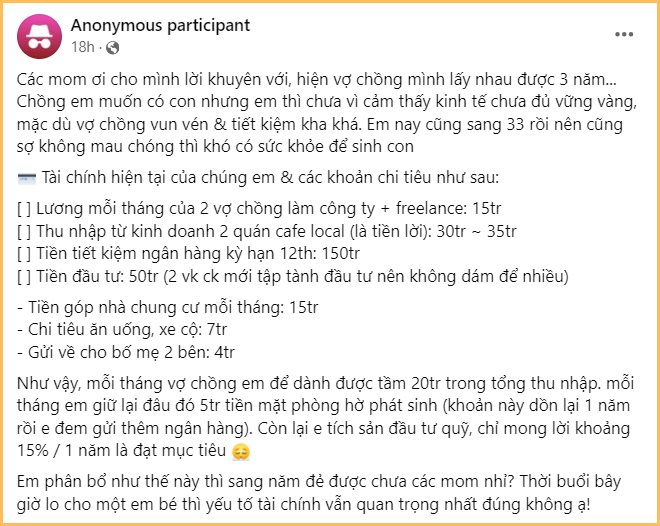 33 tuổi kiếm 50 triệu/tháng vẫn chưa dám đẻ vì sợ không đủ tiền nuôi con: CĐM bùng nổ tranh cãi “chần chừ mãi không sợ mất khả năng làm mẹ sao?”- Ảnh 2.