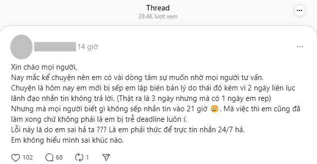 Sếp nhắn tin lúc 21h không rep, bị lập biên bản: Nhân viên lên mạng hỏi không biết mình sai ở khúc nào?- Ảnh 1.