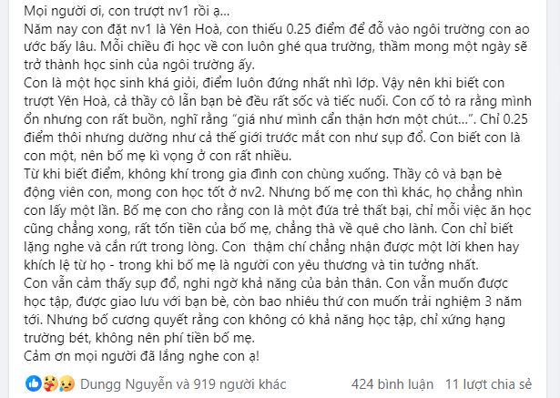 Nam sinh Hà Nội có dòng chia sẻ khiến nhiều người bật khóc: Từ lúc thi trượt, bố mẹ chẳng nhìn con lấy một lần!- Ảnh 1.