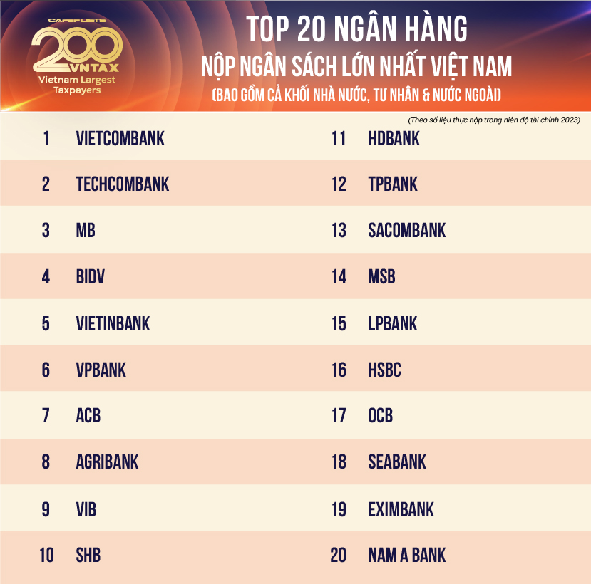 Công bố Top 20 ngân hàng nộp ngân sách lớn nhất thuộc danh sách VNTAX 200: Gồm cả khối nhà nước, tư nhân, nước ngoài- Ảnh 2.