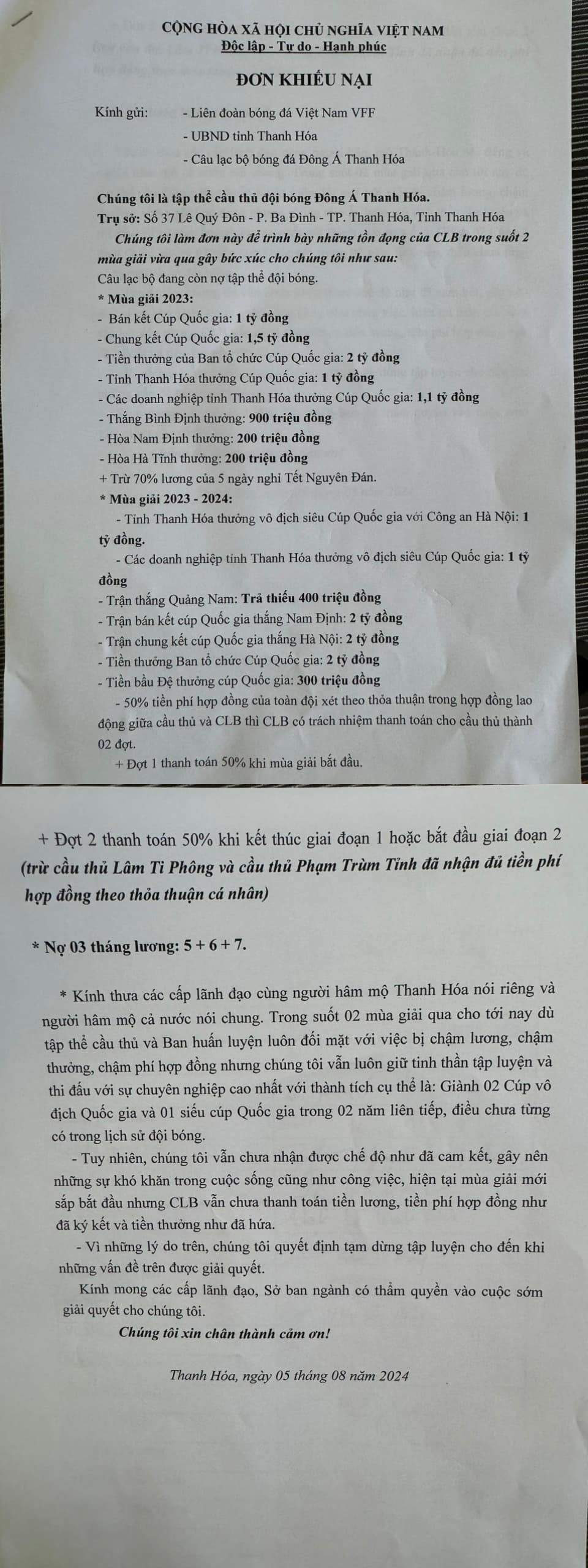 Dàn cầu thủ Thanh Hóa tố bị CLB nợ lương, thưởng gần 20 tỷ đồng- Ảnh 1.