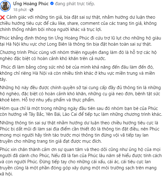 Vợ chồng ca sĩ Ưng Hoàng Phúc livestream đính chính: Tôi không cứu trợ lũ lụt cho những hộ giàu tại Hà Nội- Ảnh 5.