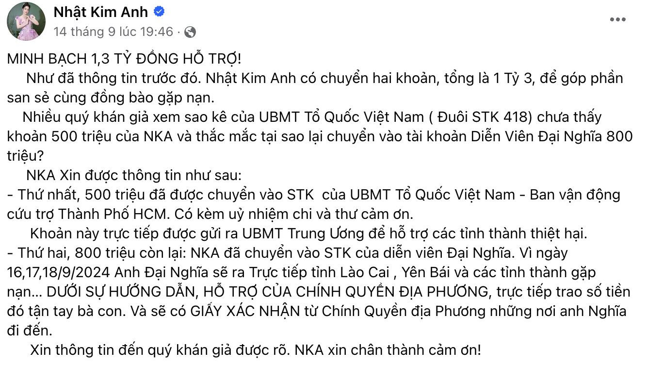 Bị truy vấn không tìm thấy sao kê 1,3 tỷ đồng ủng hộ đồng bào lũ lụt, Nhật Kim Anh liền lên tiếng, tiết lộ rõ ràng về khoản tiền!- Ảnh 3.