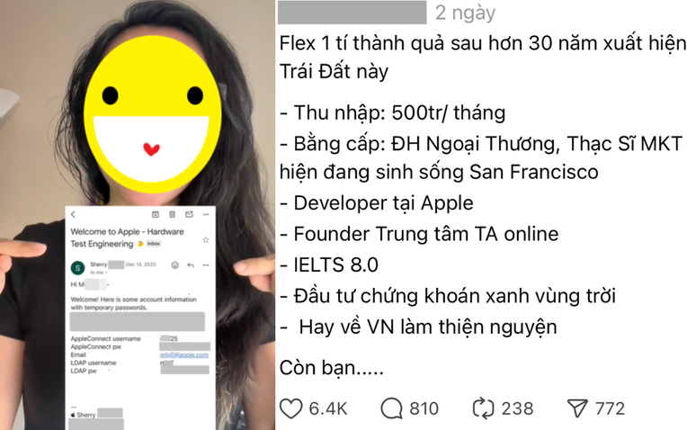 Vụ cô gái Việt khoe làm cho Apple, thu nhập 500 triệu bị "check VAR" liên tục: Chính chủ phản dame nhưng vẫn lộ loạt chi tiết mâu thuẫn?- Ảnh 1. Vụ cô gái Việt khoe làm cho Apple, thu nhập 500 triệu bị "check VAR" liên tục: Chính chủ phản dame nhưng vẫn lộ loạt chi tiết mâu thuẫn?- Ảnh 1.