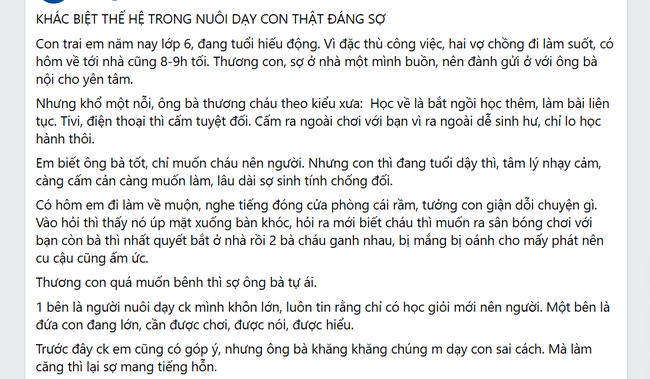 Phụ huynh Hà Nội đăng bài than thở "Khác biệt thế hệ trong nuôi dạy con thật đáng sợ", đọc xong, nhiều người đồng lòng bình luận 1 câu!- Ảnh 1.