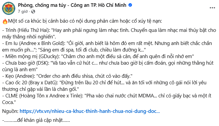 Trang thông tin Phòng, chống ma túy - Công an TP. Hồ Chí Minh nhắc tên HIEUTHUHAI, B Ray và rất nhiều rapper khác- Ảnh 1. Trang thông tin Phòng, chống ma túy - Công an TP. Hồ Chí Minh nhắc tên HIEUTHUHAI, B Ray và rất nhiều rapper khác- Ảnh 1.