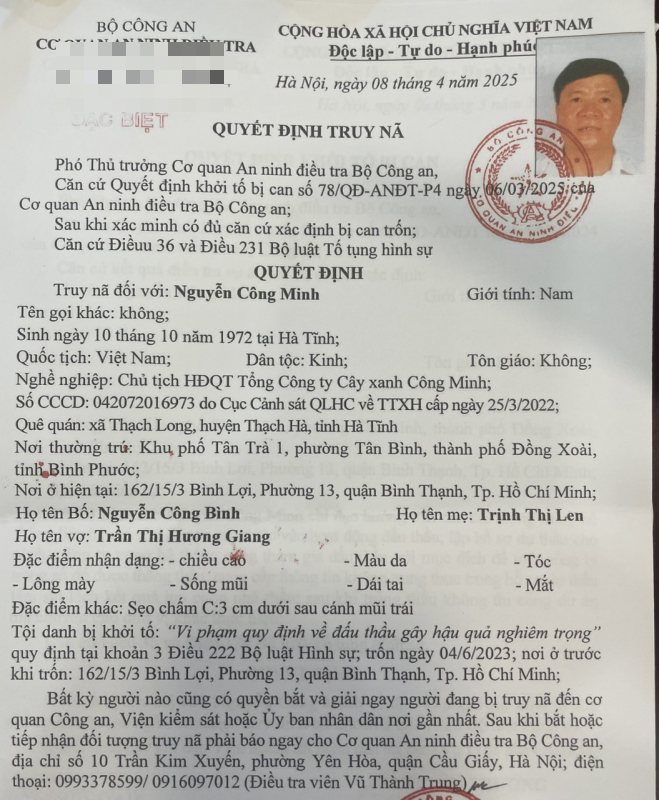 Truy nã Chủ tịch Công ty Cây xanh Công Minh và những thiệt hại hàng trăm tỉ đồng - Ảnh 1. Truy nã Chủ tịch Công ty Cây xanh Công Minh và những thiệt hại hàng trăm tỉ đồng - Ảnh 1.