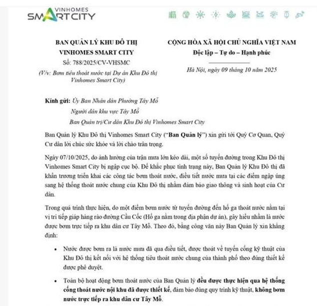 Lùm xùm Vinhomes Smart City bơm thoát nước ra nhà dân, ban quản lý nói gì? 1 Bị hiểu lầm Vinhomes Smart City bơm thoát nước ra khu dân cư Tây Mỗ, BQL KĐT lên tiếng - Ảnh 1.