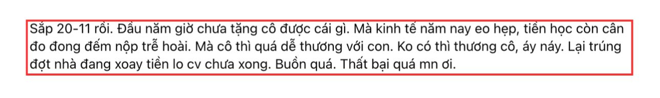 Bà mẹ TP.HCM than: "Sắp đến 20/11, thấy buồn quá, thất bại quá", nhiều người khó hiểu: Sao cứ tự làm khó mình vậy? - Ảnh 1.