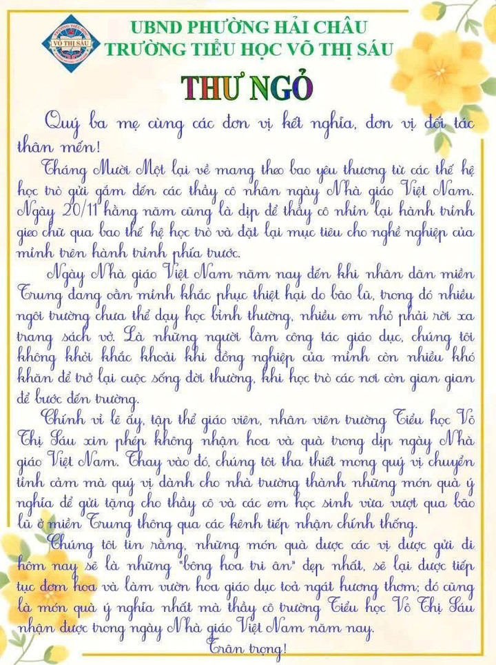 Trường tiểu học ở Đà Nẵng xin không nhận hoa, quà 20/11 vì lý do đặc biệt- Ảnh 1.