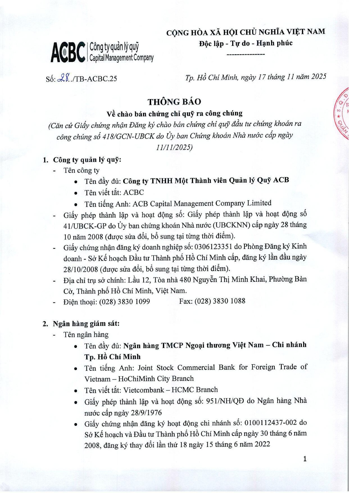 Công ty TNHH MTV Quản lý Quỹ ACB (ACBC) thông báo chào bán chứng chỉ Quỹ ACBC-BGF ra công chúng - Ảnh 1.