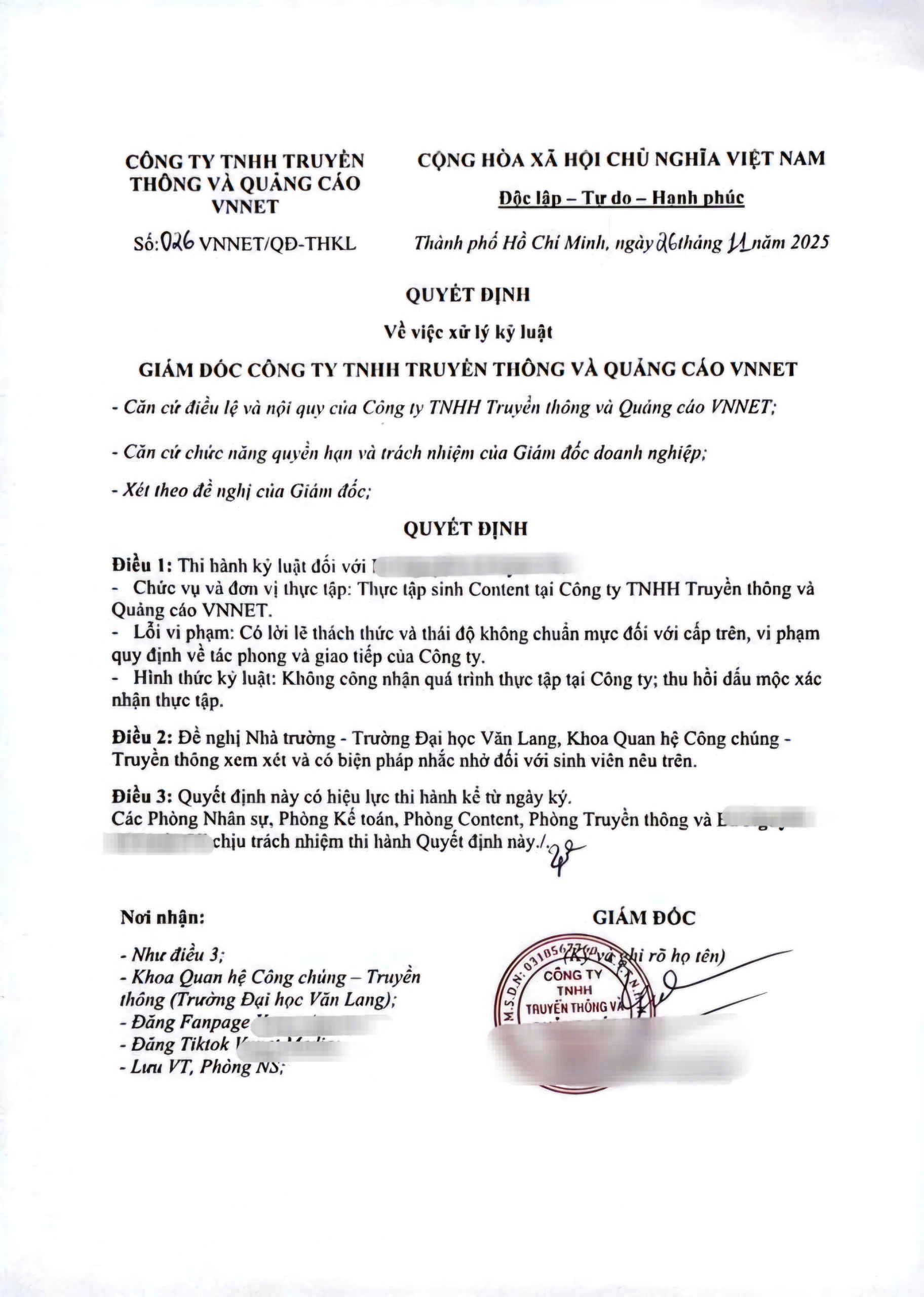 Vụ công ty Vnnet kỷ luật nữ sinh thực tập Có thể khởi kiện không? - Ảnh 1. Vụ công ty Vnnet kỷ luật nữ sinh thực tập Có thể khởi kiện không? - Ảnh 1.