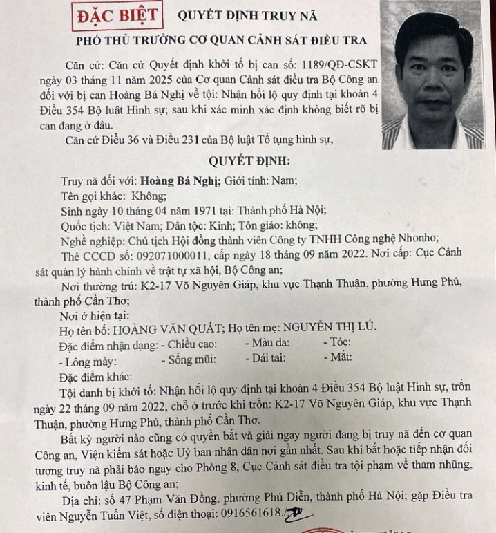 Truy nã Hoàng Bá Nghị Chủ tịch Công ty NhoNho vì hành vi tham nhũng nguy hiểm - Ảnh 1. Truy nã Hoàng Bá Nghị Chủ tịch Công ty NhoNho vì hành vi tham nhũng nguy hiểm - Ảnh 1.