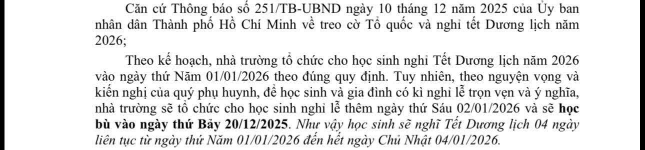 Tranh cãi về thông báo nghỉ Tết Dương lịch của trường học tại TP . HCM - Ảnh 1. Tranh cãi về thông báo nghỉ Tết Dương lịch của trường học tại TP . HCM - Ảnh 1.