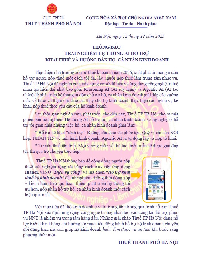 Thuế TP Hà Nội ra mắt hệ thống AI hỗ trợ khai thuế hộ kinh doanh hiệu quả - Ảnh 1. Thuế TP Hà Nội ra mắt hệ thống AI hỗ trợ khai thuế hộ kinh doanh hiệu quả - Ảnh 1.
